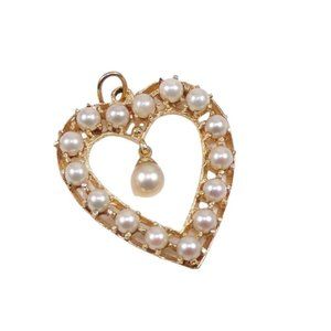 Solid 14K Yellow Gold White Pearl Dangle Heart Pendant